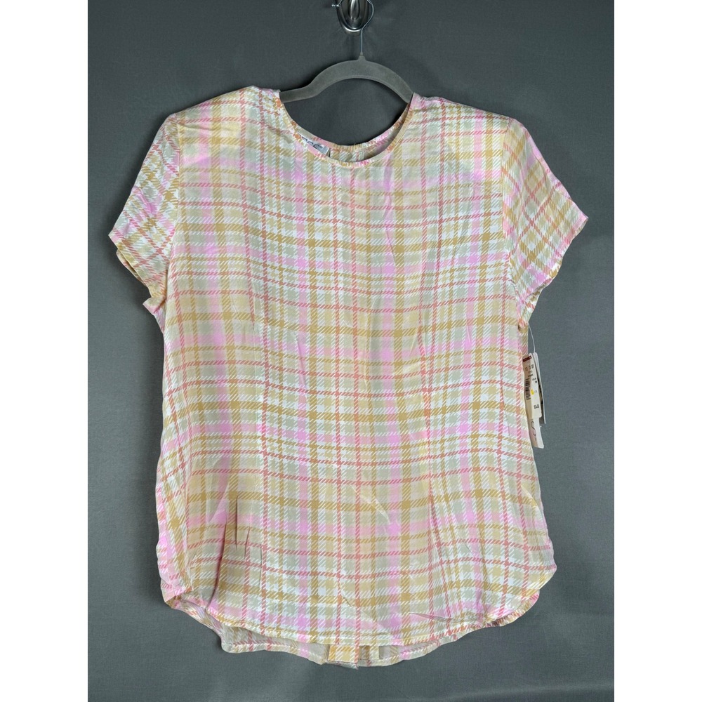 Tess Blouse Women 12 Pink Plaid 100% Silk Short Sleeve Button Back Vintage NWT